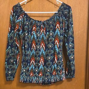 Lucky Brand Navy and Orange Patterned Blouse